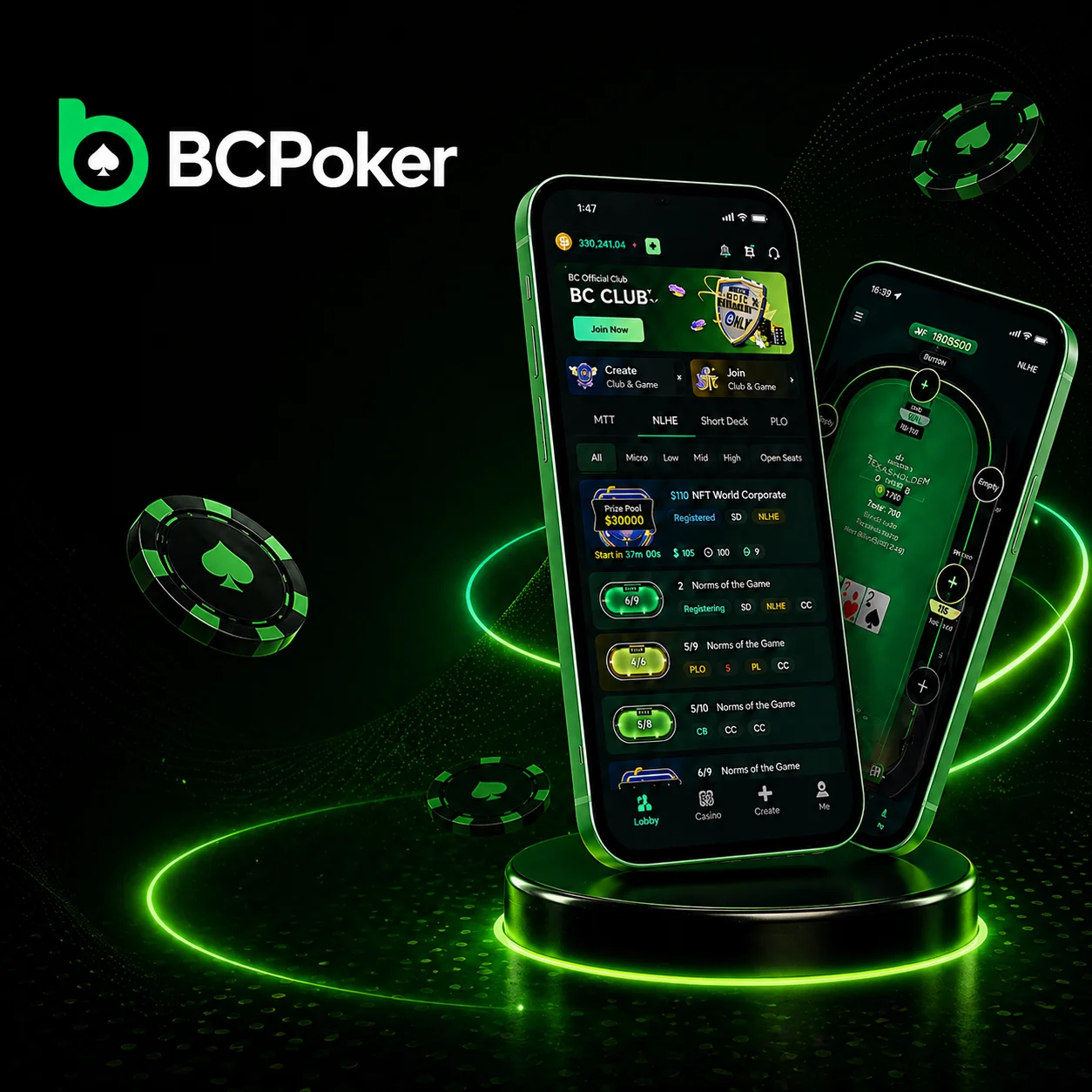 BC Poker mobile app interface with poker tables and chips on smartphones