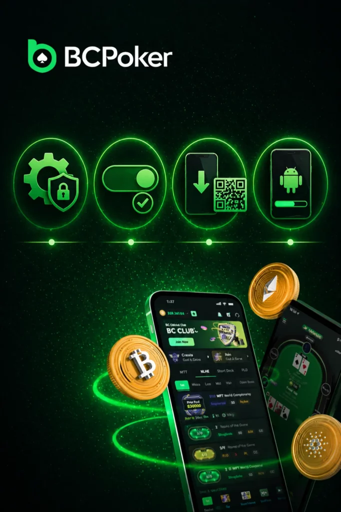 BC Poker APK installation steps with security settings download and mobile interface icons