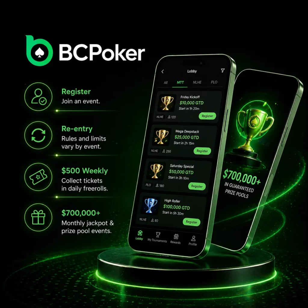 BC Poker tournament lobby interface with events, prize pools and registration options displayed on mobile screens