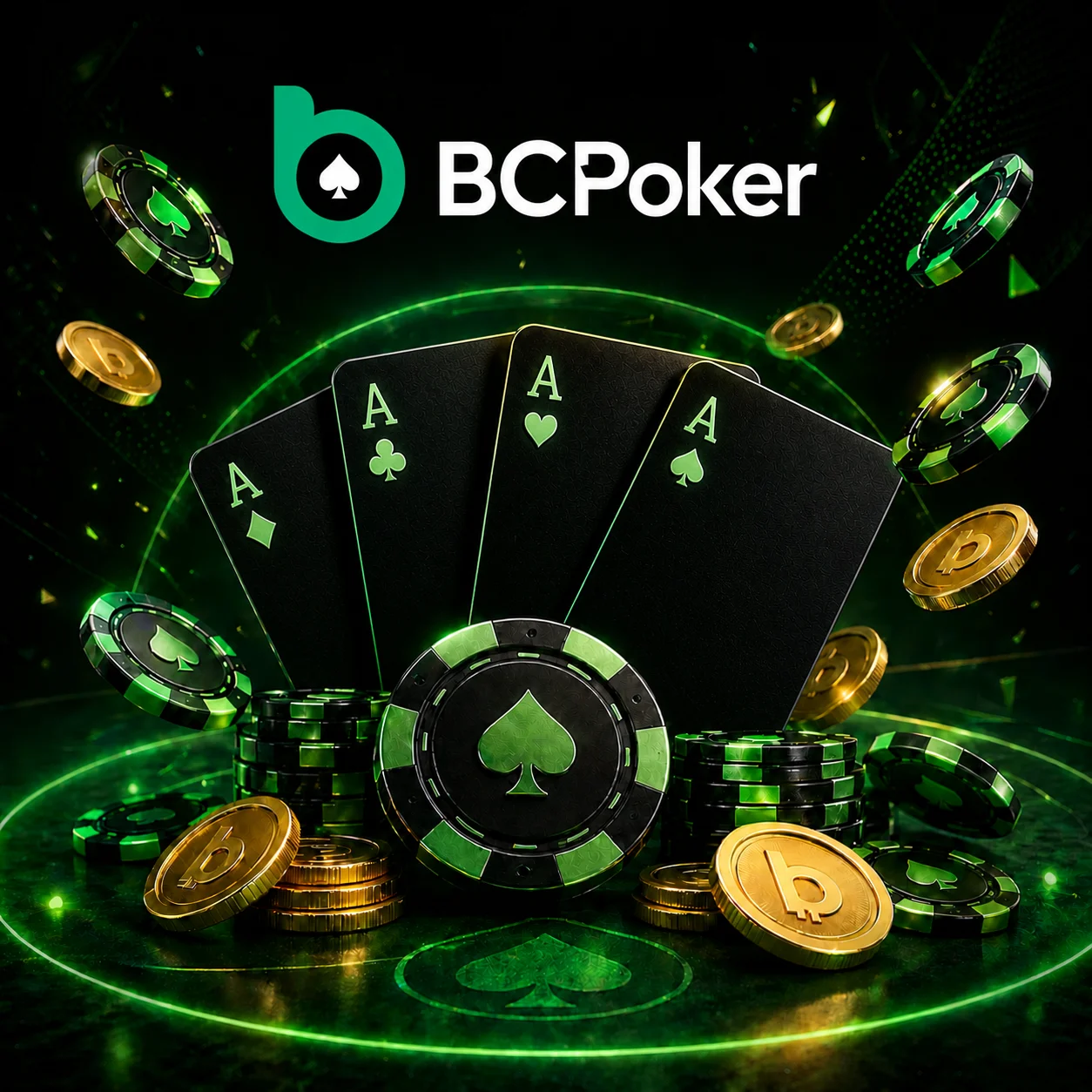 BC Poker homepage banner with poker cards chips and coins in neon style